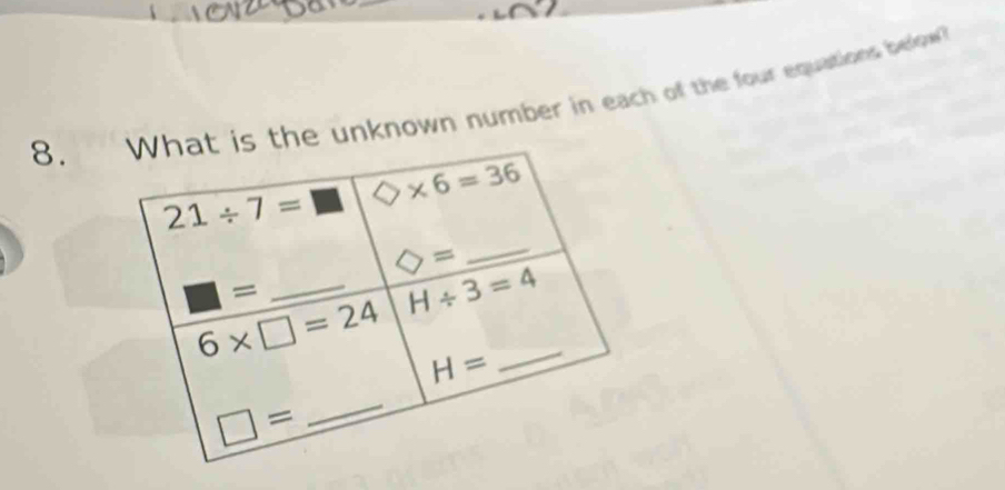 the unknown number in each of the four equations below?