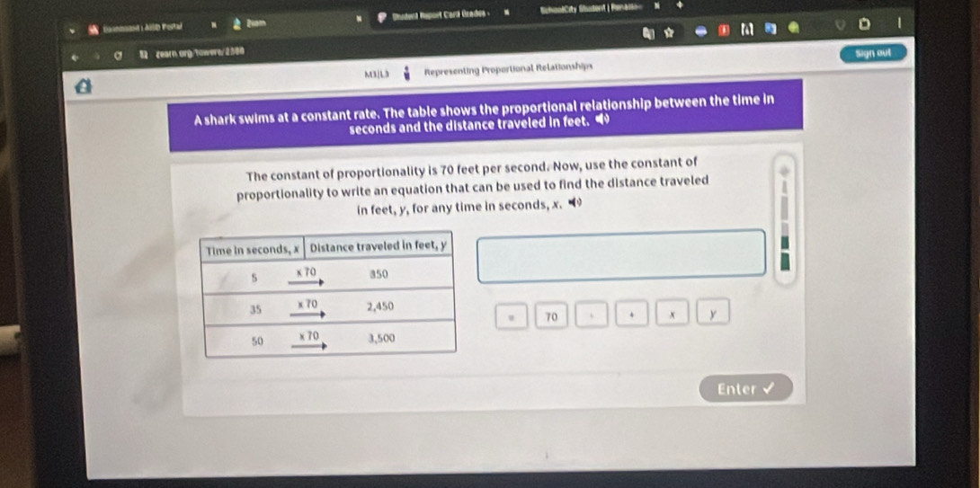 ianasasd dilD Peitad Sudent eport Card Grades - SchoolCity Student | Penaiso 
a zearn org towere/ 2500 Sign out 
Representing Proportional Relationships 
A shark swims at a constant rate. The table shows the proportional relationship between the time in
seconds and the distance traveled in feet. 
The constant of proportionality is 70 feet per second. Now, use the constant of 
proportionality to write an equation that can be used to find the distance traveled 
in feet, y, for any time in seconds, x. “ 
u 70 、 . x y
Enter