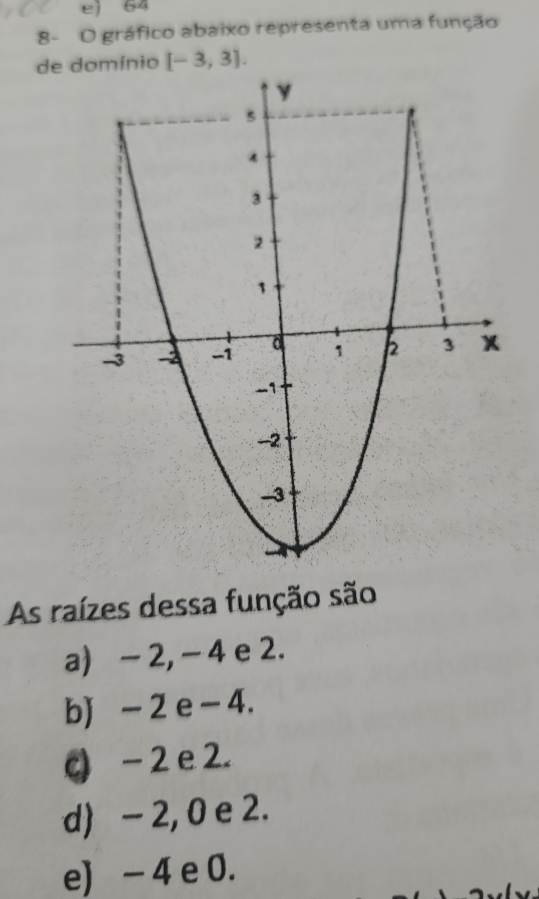 64
8- O gráfico abaixo representa uma função
de domínio [-3,3]. 
As raízes dessa função são
a) − 2, − 4 e 2.
b) - 2 e - 4.
c) - 2 e 2.
d) - 2, 0 e 2.
e) - 4 e 0.