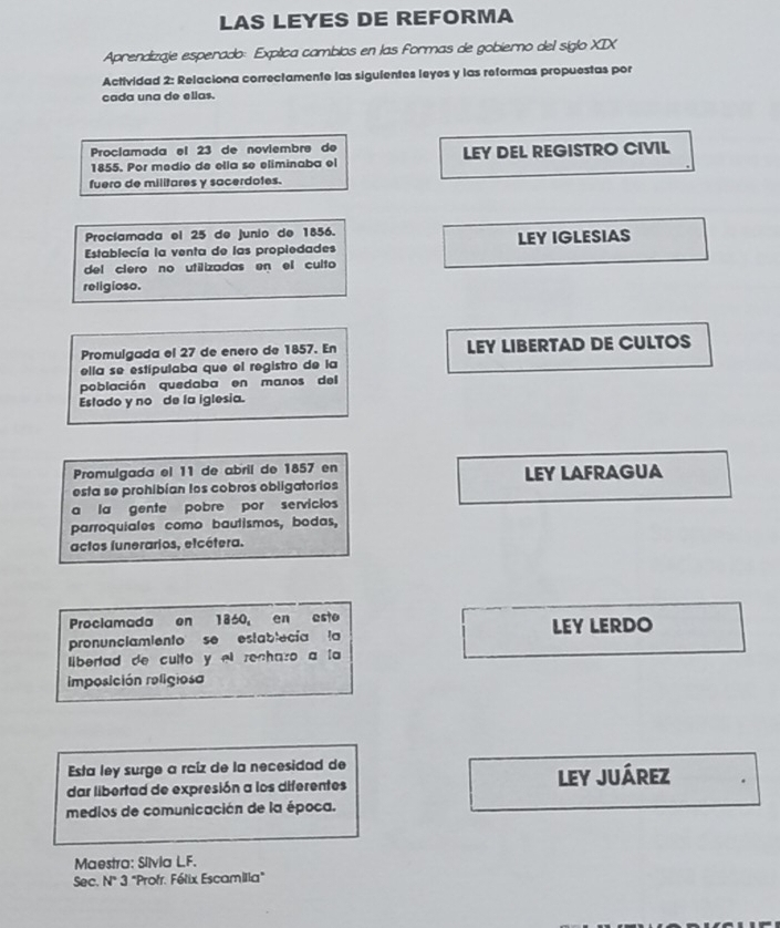 LAS LEYES DE REFORMA 
Aprendizaje esperado: Expílica cambios en las formas de gobierno del siglo XIX 
Actividad 2: Relaciona correctamente las sigulentes leyes y las reformas propuestas por 
cada una de elias. 
Proclamada el 23 de noviembrø de 
1855. Por medio de elía se eliminaba el LEY DEL REGISTRO CIVIL 
fuero de militares y sacerdotes. 
Procíamada el 25 de junio de 1856. 
Establecía la venta de las propiedades LEY IGLESIAS 
del cléro no utilizadas en el culto 
religioso. 
Promulgada el 27 de enero de 1857. En LEY LIBERTAD DE CULTOS 
ella se estípulaba que el registro de la 
población quedaba en manos del 
Estado y no de la iglesia. 
Promulgada el 11 de abril de 1857 en 
esta se prohibían los cobros obligatorios LEY LAFRAGUA 
a la gente pobre por servicios 
parroquiales como bautismos, bodas, 
actos funerarios, etcétera. 
Prociamada on 1860, en esto 
pronunciamiento se establecía la LEY LERDO 
llibertad de culto y el renhazo a la 
imposición religiosa 
Esta ley surge a raíz de la necesidad de 
dar libertad de expresión a los diferentes LeY JUÁREZ 
medios de comunicación de la época. 
Maestra: Sllvia LF. 
Sec. N" 3 "Profr. Félix Escamilia"