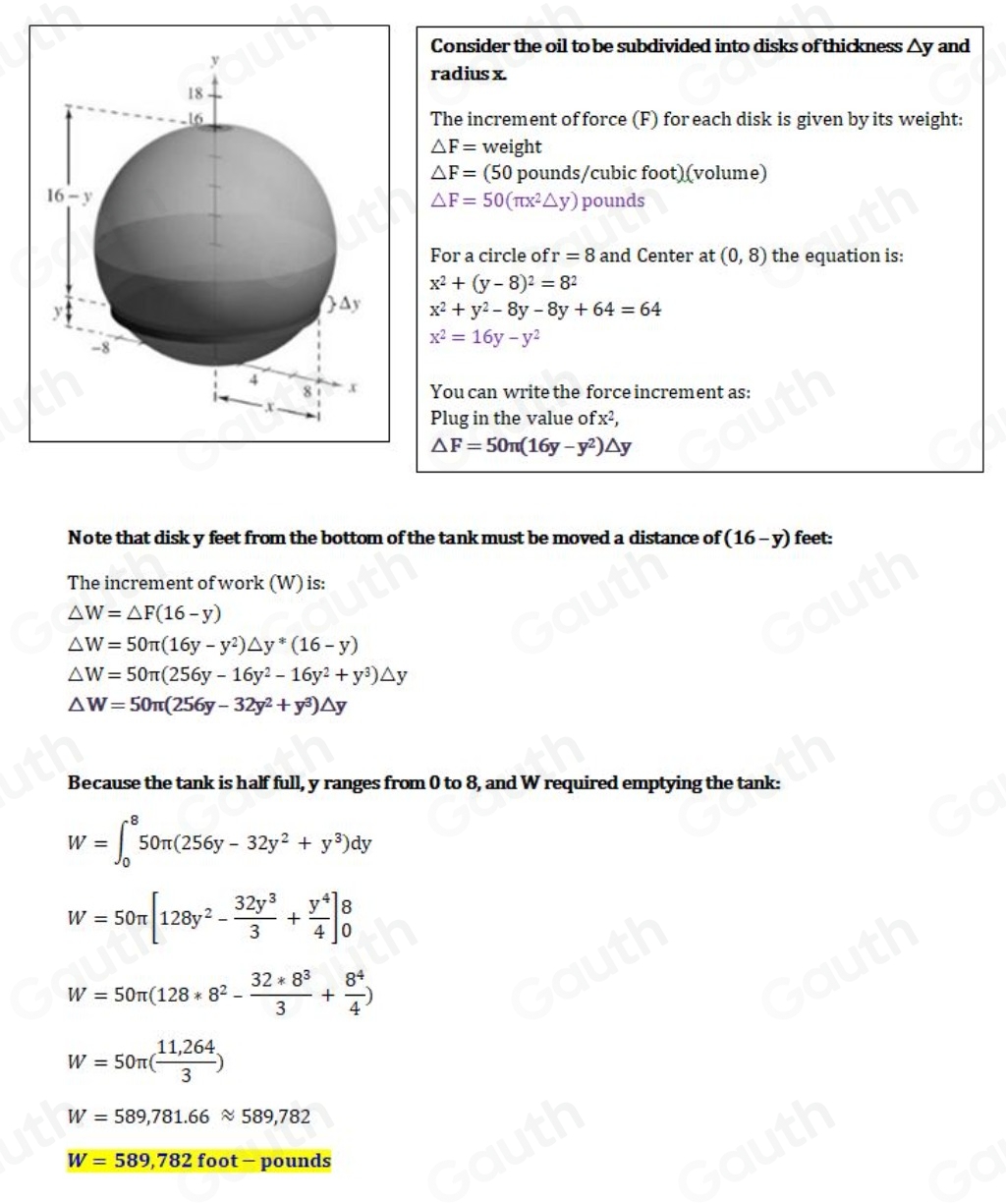 Solved: A spherical tank of radius 8 feet is half full of oil that ...