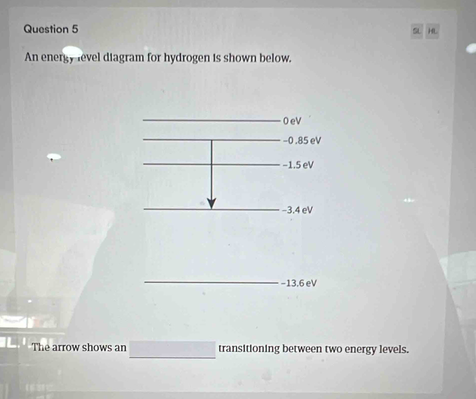 SL HL
An energy level diagram for hydrogen is shown below. 
The arrow shows an transitioning between two energy levels.