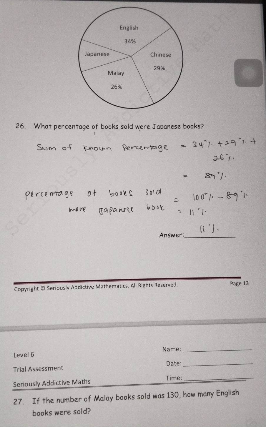 What percentage of books sold were Japanese books? 
Answer:_ 
Copyright © Seriously Addictive Mathematics. All Rights Reserved. Page 13 
Name:_ 
Level 6 
Date:_ 
Trial Assessment 
Time: 
Seriously Addictive Maths 
_ 
27. If the number of Malay books sold was 130, how many English 
books were sold?