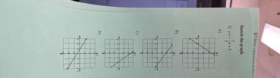 Sketch the graph. 
5) y=- 7/5 x+5
A) 
Th 
Un 
∫( 
B) 
C 
D