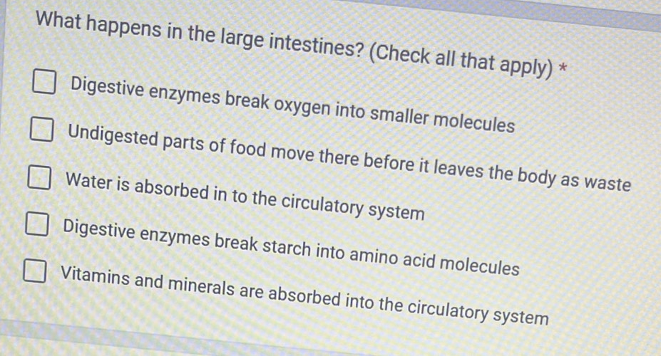 What happens in the large intestines? (Check all that apply) *
Digestive enzymes break oxygen into smaller molecules
Undigested parts of food move there before it leaves the body as waste
Water is absorbed in to the circulatory system
Digestive enzymes break starch into amino acid molecules
Vitamins and minerals are absorbed into the circulatory system