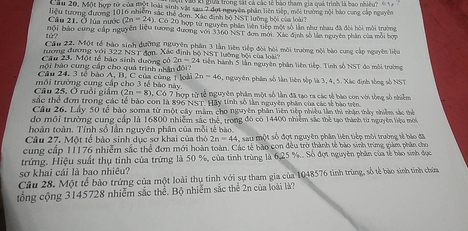 Vện  vào ki giữa trong tất cả các tê bào tham gia quá trình là bao nhiêu?  
Câu 20. Một hợp tử của một loài sinh vật sau 7 đợt nguyên phân liên tiếp, môi trường nội bào cung cấp nguyên
liệu tương đương 1016 nhiễm sắc thể đơn. Xác định bộ NST lưỡng bội của loài?
Câu 21. Ở lúa nước (2n=24) Có 20 hợp tử nguyên phân liên tiếp một số lần như nhau đã đòi hỏi môi trường
bội bào cung cấp nguyên liệu tương đương với 3360 NST đơn mới. Xác định số lần nguyên phân của mỗi hợp
tử?
Câu 22. Một tế bào sinh dưỡng nguyên phân 3 lần liên tiếp đòi hỏi môi trường nội bào cung cấp nguyên liệu
tương đương với 322 NST đơn. Xác định bộ NST lưỡng bội của loài?
Câu 23. Một tế bào sinh dưỡng có 2n=24 tiến hành 5 lần nguyên phân liên tiếp. Tính số NST do môi trường
bội bào cung cấp cho quá trình nhân đôi?
Câu 24. 3 tế bào A, B, C của cùng 1 loài 2n=46 , nguyên phân số lần liên tếp là 3, 4, 5. Xác định tổng số NST
môi trường cung cấp cho 3 tế bào này.
Câu 25. Ở ruồi giấm (2n=8) , Có 7 hợp tử tế nguyên phân một số lần đã tạo ra các tế bào con với tổng số nhiễm
sắc thể đơn trong các tế bào con là 896 NST. Hãy tính số lần nguyên phân của các tế bảo trên.
Câu 26. Lấy 50 tế bào soma từ một cây mầm cho nguyên phân liên tiếp nhiều lần thì nhận thấy nhiễm sắc thể
do môi trường cung cấp là 16800 nhiễm sắc thể, trong đó có 14400 nhiễm sắc thể tạo thành từ nguyên liệu mới
hoàn toàn. Tính số lần nguyên phân của mỗi tế bào.
Câu 27. Một tế bào sinh dục sơ khai của thỏ 2n=44 , sau một số đợt nguyên phân liên tiếp môi trường tế bào đã
cung cấp 11176 nhiễm sắc thể đơn mới hoàn toàn. Các tế bào con đều trở thành tế bào sinh trứng giảm phân cho
trứng. Hiệu suất thụ tinh của trứng là 50 %, của tinh trùng là 6,25 %.. Số đợt nguyên phân của tế bảo sinh dục
sơ khai cái là bao nhiêu?
Câu 28. Một tế bào trứng của một loài thụ tinh với sự tham gia của 1048576 tinh trùng, số tế bào sinh tinh chứa
tổng cộng 3145728 nhiễm sắc thể. Bộ nhiễm sắc thể 2n của loài là?