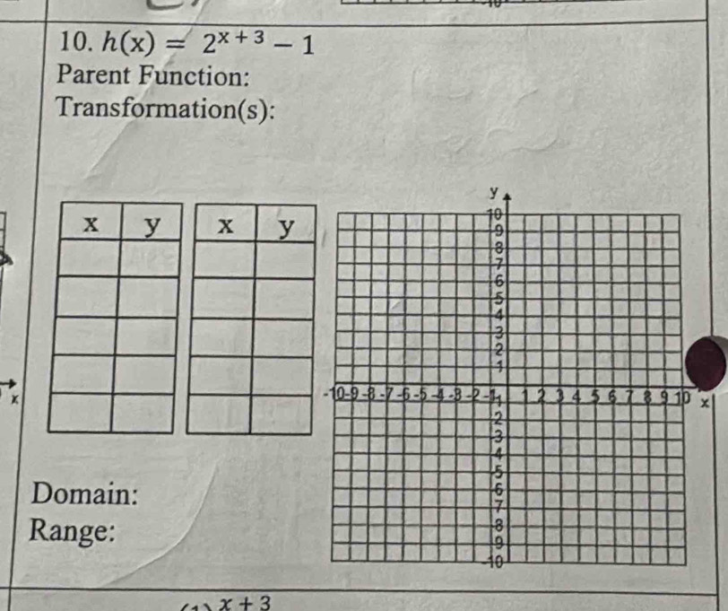 h(x)=2^(x+3)-1
Parent Function: 
Transformation(s): 
× 
Domain: 
Range:
x+3