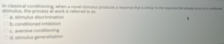 In classical conditioning, when a novel stimulus produces a response that is similar to the response that already occurs to a conditioned
stimulus, the process at work is referred to as:
a. stimulus discrimination
b. conditioned inhibition
c. aversive conditioning
d. stimulus generalization
