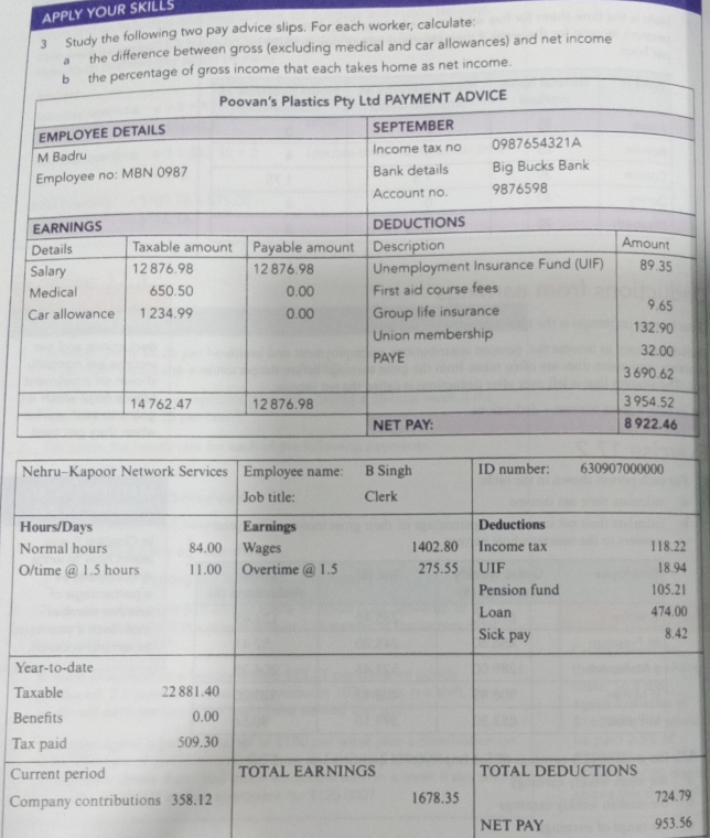 APPLY YOUR SKILLS
3 Study the following two pay advice slips. For each worker, calculate:
een gross (excluding medical and car allowances) and net income
Ne
Hou
No. 22
O/ti.94.21
4.00 . 42
Year
Taxa
Bene
Tax 
Curr
Company contributions 358.12 1678.35 4.79
NET PAY 953.56