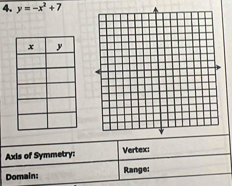 y=-x^2+7
Axis of Symmetry: Vertex: 
Domain: Range: