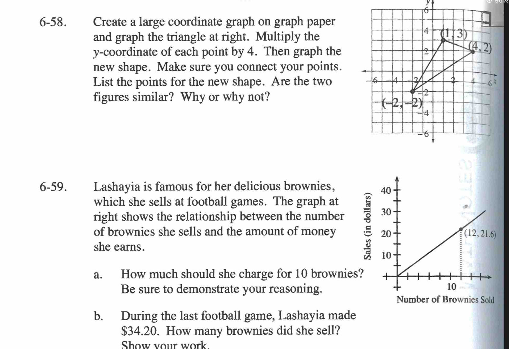 6
6-58. Create a large coordinate graph on graph paper
and graph the triangle at right. Multiply the
y-coordinate of each point by 4. Then graph the
new shape. Make sure you connect your points.
List the points for the new shape. Are the two 
figures similar? Why or why not?
6-59.  Lashayia is famous for her delicious brownies,
which she sells at football games. The graph at
right shows the relationship between the number
of brownies she sells and the amount of money 
she earns.
a. How much should she charge for 10 brownies?
Be sure to demonstrate your reasoning.
Number of Brownies Sold
b. During the last football game, Lashayia made
$34.20. How many brownies did she sell?
Show vour work.