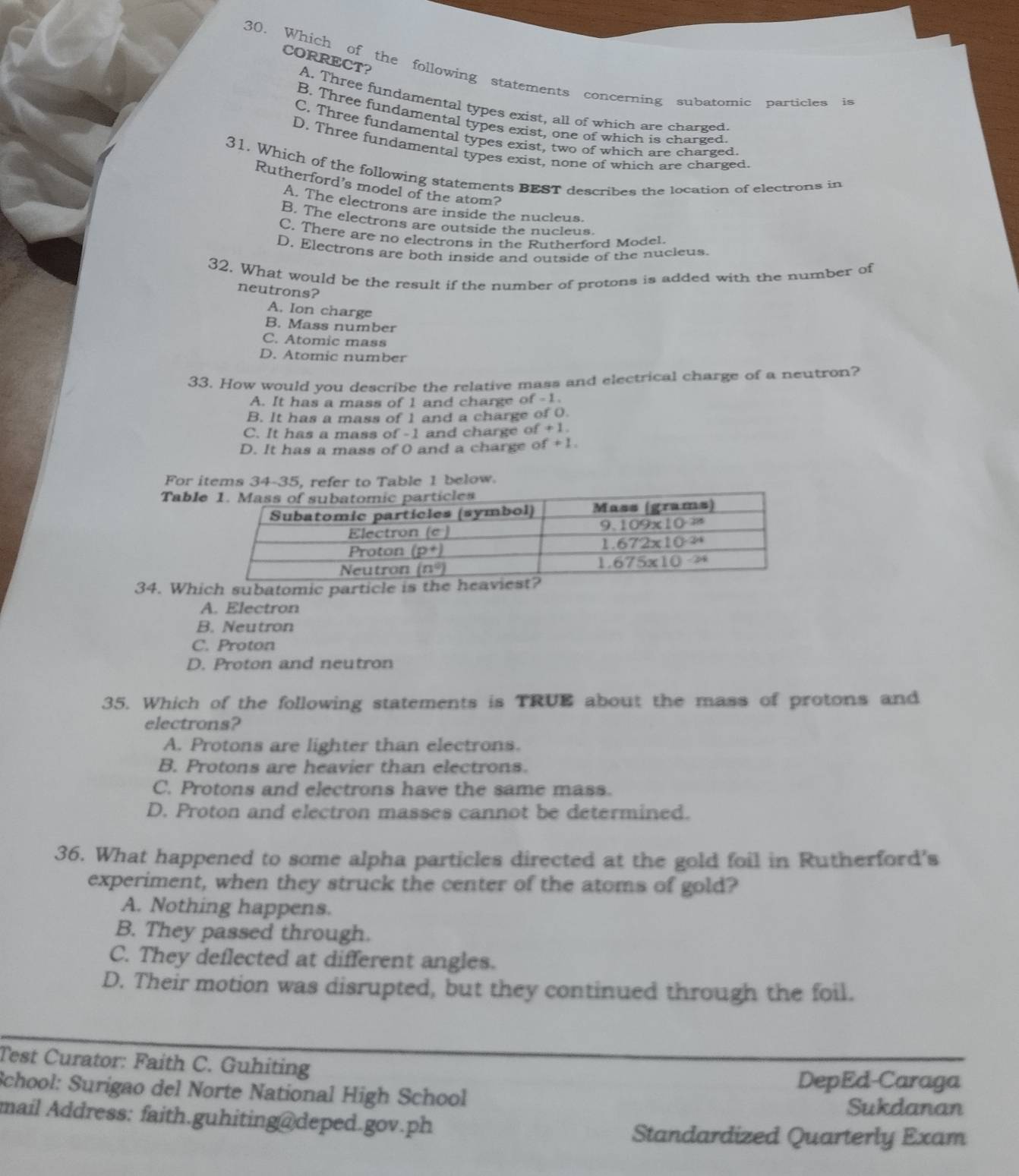 Which of the following statements concerning subatomic particles is
CORRECT? A. Three fundamental types exist, all of which are charged.
B. Three fundamental types exist, one of which is charged
C. Three fundamental types exist, two of which are charged
D. Three fundamental types exist, none of which are charged.
31. Which of the following statements BEST describes the location of electrons in
Rutherford's model of the atom?
A. The electrons are inside the nucleus.
B. The electrons are outside the nucleus.
C. There are no electrons in the Rutherford Model.
D. Electrons are both inside and outside of the nucleus.
32. What would be the result if the number of protons is added with the number of
neutrons?
A. Ion charge
B. Mass number
C. Atomic mass
D. Atomic number
33. How would you describe the relative mass and electrical charge of a neutron?
A. It has a mass of 1 and charge of -1.
B. It has a mass of 1 and a charge of 0.
C. It has a mass of -1 and charge of +1.
D. It has a mass of 0 and a charge o f+1.
For items 34-35 i, refer to Table 1 below.
Tabl
34. Whi
A. Electron
B. Neutron
C. Proton
D. Proton and neutron
35. Which of the following statements is TRUE about the mass of protons and
electrons?
A. Protons are lighter than electrons.
B. Protons are heavier than electrons.
C. Protons and electrons have the same mass.
D. Proton and electron masses cannot be determined.
36. What happened to some alpha particles directed at the gold foil in Rutherford's
experiment, when they struck the center of the atoms of gold?
A. Nothing happens.
B. They passed through.
C. They deflected at different angles.
D. Their motion was disrupted, but they continued through the foil.
Test Curator: Faith C. Guhiting
School: Surigao del Norte National High School
DepEd-Caraga
Sukdanan
mail Address: faith.guhiting@deped.gov.ph
Standardized Quarterly Exam