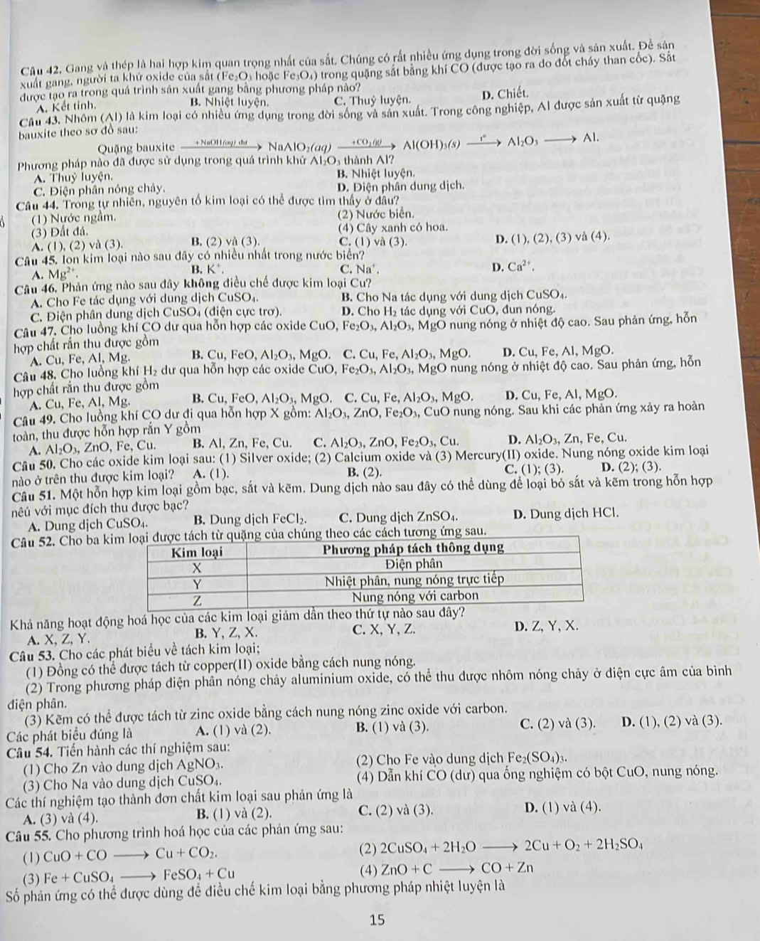 Gang và thép là hai hợp kim quan trọng nhất của sắt. Chúng có rất nhiều ứng dụng trong đời sống và sản xuất. Để sản
xuất gang, người ta khử oxide của sắt (Fe₂O₃ hoặc Fe₃O₄) trong quặng sắt băng khí CO (được tạo ra do đốt chấy than cốc). Sắt
được tạo ra trong quá trình sản xuất gang bằng phương pháp nảo?
A. Kết tính. B. Nhiệt luyện. C. Thuỷ luyện. D. Chiết.
Câu 43, Nhôm (AI) là kim loại có nhiều ứng dụng trong đời sống và sản xuất. Trong công nghiệp, Al được sản xuất từ quặng
bauxite theo sơ đồ sau:
Quặng bauxite  +NaOH (ng) cư
Phương pháp nào đã được sử dụng trong quá tr .beginarrayr NaAlO_2(aq)xrightarrow +CO_2(g)Al(OH)_3(s)xrightarrow I°Al_2O_3to Al.
A. Thuỷ luyện. B. Nhiệt luyện.
C. Điện phân nóng chảy. D. Điện phân dung dịch.
Câu 44. Trong tự nhiên, nguyên tổ kim loại có thể được tìm thầy ở đâu?
(1) Nước ngầm. (2) Nước biển.
(3) Đất đá. (4) Cây xanh có hoa.
A. (1), (2) và (3). B. (2) va(3).
C (1)vee a(3).
D. (1),(2),(3)vee a(4).
Câu 45. Ion kim loại nào sau đây có nhiều nhất trong nước biển?
A. Mg^(2+). B. K'
C. Na^+.
D. Ca^(2+),
Câu 46. Phản ứng nào sau đây không điều chế được kim loại Cu?
A. Cho Fe tác dụng với dung dịch CuS _4 B. Cho Na tác dụng với dung dịch CuSO_4
C. Điện phân dung dịch CuSO₄ (điện cực trơ) D. Cho H_2 tác dụng với CuO, đun nóng.
Câu 47, Cho luồng khí CO dư qua hỗn hợp các oxide CuO,Fe_2O_3,Al_2O_3, , MgO nung nóng ở nhiệt độ cao. Sau phản ứng, hỗn
hợp chất rắn thu được gồm
A. Cu, Fe, Al, Mg. B. Cu,FeO,Al_2O_3,MgO.C.Cu,Fe,Al_2O_3,MgO. D. Cu,Fe,Al,MgO.
Câu 48. Cho luồng khí H_2 dư qua hỗn hợp các oxide CuO,Fe_2O_3,Al_2O_3, MgO nung nóng ở nhiệt độ cao. Sau phản ứng, hỗn
hợp chất rắn thu được gồm
A. Cu, Fe, Al, Mg. B. Cu,FeO,Al_2O_3,MgO.C.Cu,Fe,Al_2O_3,MgO. D. Cu,Fe,Al,MgO.
Câu 49. Cho luồng khí CO dư đi qua hỗn hợp X gồm: Al_2O_3,ZnO,Fe_2O_3 , CuO nung nóng. Sau khi các phản ứng xảy ra hoàn
toàn, thu được hỗn hợp rắn Y gồm
A. Al_2O_3,ZnO, Fe,Cu. B. Al、 Zn,Fe,Cu. C. Al_2O_3,ZnO,Fe_2O_3,Cu D. Al_2O_3,Zn,Fe,Cu.
Câu 50. Cho các oxide kim loại sau: (1) Silver oxide; (2) Calcium oxide và (3) Mercury(II) oxide. Nung nóng oxide kim loại
nào ở trên thu được kim loại? A. (1). B. (2).
C. (1);(3). D. (2);(3).
Câu 51. Một hỗn hợp kim loại gồm bạc, sắt và kẽm. Dung dịch nào sau đây có thể dùng để loại bỏ sắt và kẽm trong hỗn hợp
vêú với mục đích thu được bạc?
A. Dung dịch CuSO_4. B. Dung dịch FeCl_2. C. Dung dịch ZnSO_4. D. Dung dịch HCl.
Câu 52. Cho ba ktừ quặng của chúng theo các cách tương ứng sau.
Khả năng hoạt động hoá học của các kim loại giảm dần theo thứ tự nào sau 
A. X, Z,Y. B. Y,Z、 X. C. X,Y, Z. D. Z,Y,X.
Câu 53. Cho các phát biểu về tách kim loại;
(1) Đồng có thể được tách từ copper(II) oxide bằng cách nung nóng.
(2) Trong phương pháp điện phân nóng chảy aluminium oxide, có thể thu được nhôm nóng chảy ở điện cực âm của bình
diện phân.
(3) Kẽm có thể được tách từ zinc oxide bằng cách nung nóng zinc oxide với carbon.
Các phát biểu đúng là A. (1) va(2 B. (1) và (3). C. ( 2)va(3). D. (1),(2) va(3).
Câu 54. Tiến hành các thí nghiệm sau:
(1) Cho Zn vào dung dịch AgNO_3. (2) Cho Fe vào dung dịch Fe_2(SO_4)_3.
(3) Cho Na vào dung dịch CuSO_4. (4) Dẫn khí CO(du) qua ống nghiệm có bột CuO, nung nóng.
Các thí nghiệm tạo thành đơn chất kim loại sau phản ứng là
A. (3) và (4). B. (1) va(2).
C. (2)va(3). D. (1) va(4).
Câu 55. Cho phương trình hoá học của các phản ứng sau:
(1) CuO+COto Cu+CO_2. (2) 2CuSO_4+2H_2Oto 2Cu+O_2+2H_2SO_4
(3) Fe+CuSO_4to FeSO_4+Cu (4) ZnO+Cto CO+Zn
Số phản ứng có thể được dùng đề điều chế kim loại bằng phương pháp nhiệt luyện là
15