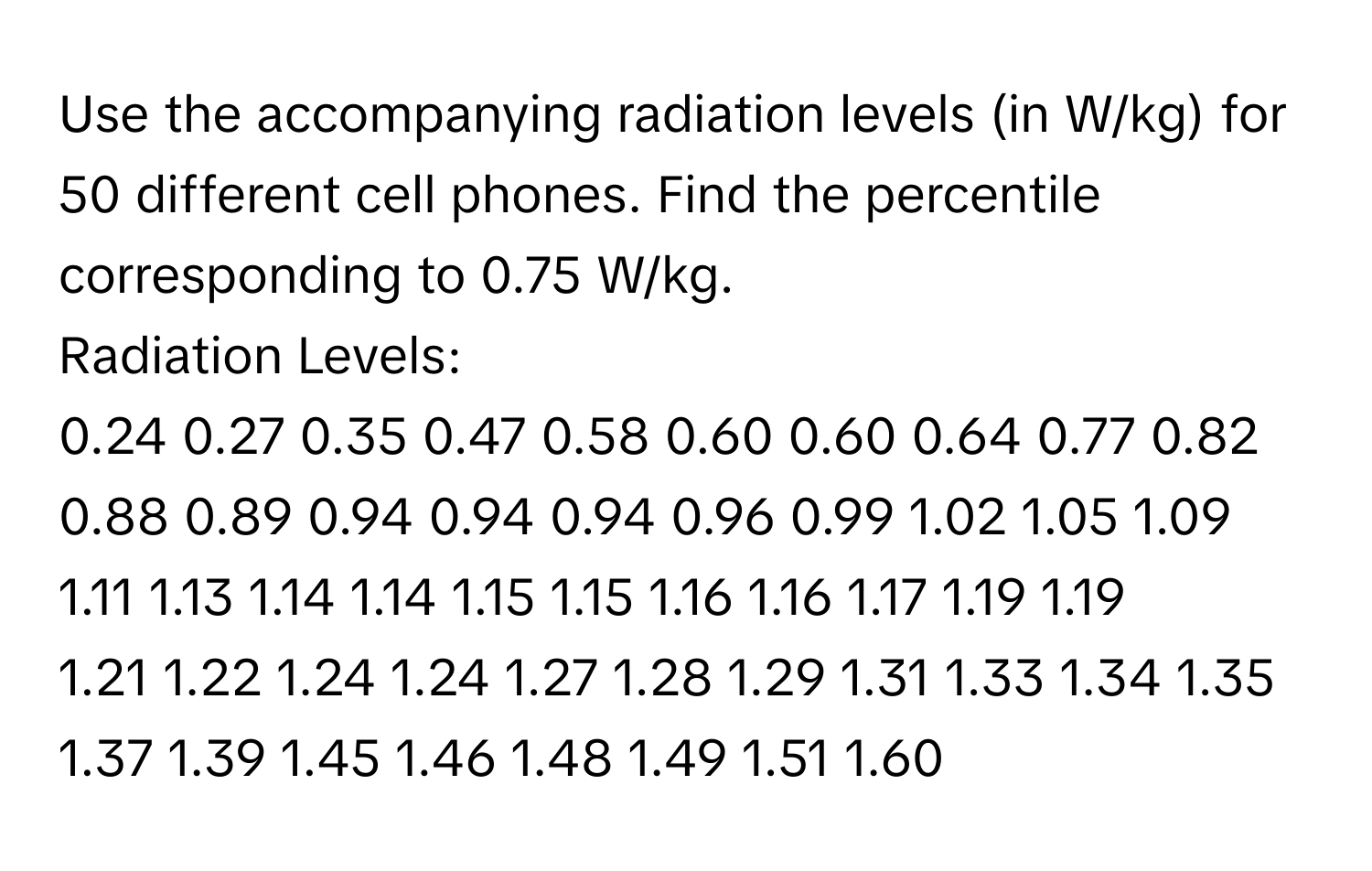 Use the accompanying radiation levels (in W/kg) for 50 different cell phones. Find the percentile corresponding to 0.75 W/kg. 

Radiation Levels:
0.24 0.27 0.35 0.47 0.58 0.60 0.60 0.64 0.77 0.82 0.88 0.89 0.94 0.94 0.94 0.96 0.99 1.02 1.05 1.09 1.11 1.13 1.14 1.14 1.15 1.15 1.16 1.16 1.17 1.19 1.19 
1.21 1.22 1.24 1.24 1.27 1.28 1.29 1.31 1.33 1.34 1.35 1.37 1.39 1.45 1.46 1.48 1.49 1.51 1.60