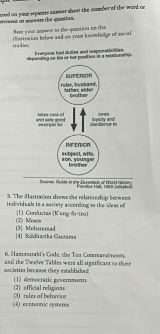 cord on your separate answer sheet the number of the word or
atement or answers the question.
Base your answer to the question on the
illustration below and on your knowledge of social
studies.
Everyone had duties and responsibilities,
depending on his or her position in a relationship.
takes care of owes
and sets good loyalty and
example for obedience to
Source: Guide to the Essentials of World History,
Prentice Hall, 1999 (adapted)
5. The illustration shows the relationship between
individuals in a society according to the ideas of
(1) Confucius (K'ung-fu-tzu)
(2) Moses
(3) Mohammad
(4) Siddhartha Gautama
6. Hammurabi's Code, the Ten Commandments,
and the Twelve Tables were all significant to their
societies because they established
(1) democratic governments
(2) official religions
(3) rules of behavior
(4) economic systems