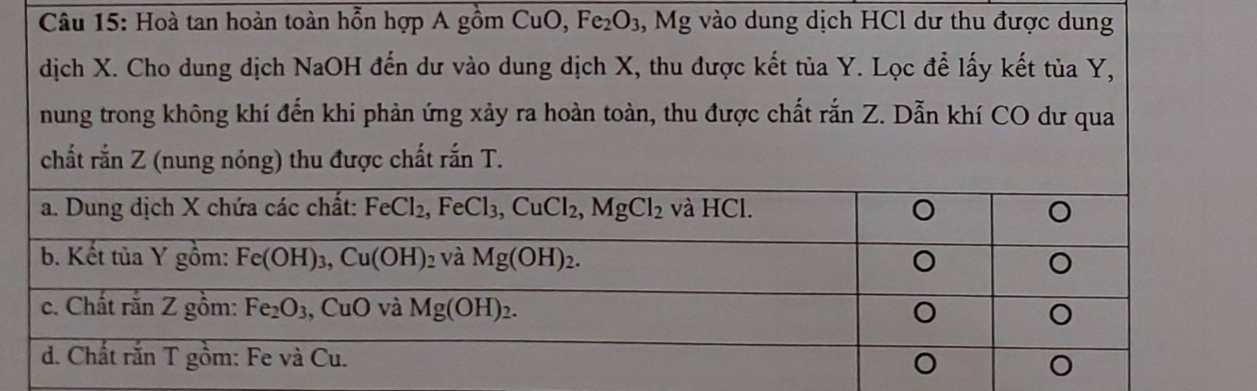 Hoà tan hoàn toàn hỗn hợp A gồm CuO frac □  Fe_2O_3 , Mg vào dung dịch HCl dư thu được dung
dịch X. Cho dung dịch NaOH đến dư vào dung dịch X, thu được kết tủa Y. Lọc để lấy kết tủa Y,
nung trong không khí đến khi phản ứng xảy ra hoàn toàn, thu được chất rắn Z. Dẫn khí CO dư qua
chất rắn Z (nung nóng) thu được chất rắn T.