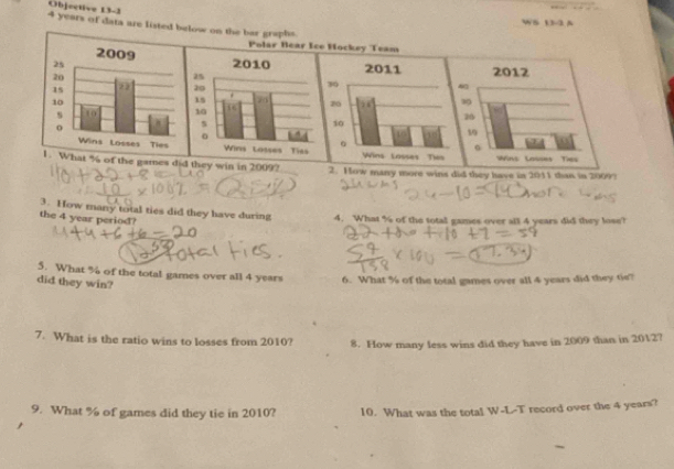 Objective 13-3
4 years of data are listed below on the ber graphs. 
Polar Bear Ice Hockey Team
% of the games did they win in 2009? 2. How many more wins did they have in 2011 than in 2009? 
3. How many total ties did they have during 4. What % of the total games over all 4 years did they lose? 
the 4 year period? 
5. What % of the total games over all 4 years 6. What % of the total games over all 4 years did they tie? 
did they win? 
7. What is the ratio wins to losses from 2010? 8. How many less wins did they have in 2009 than in 2012? 
9. What % of games did they tie in 2010? 10. What was the total W-L-T record over the 4 years?