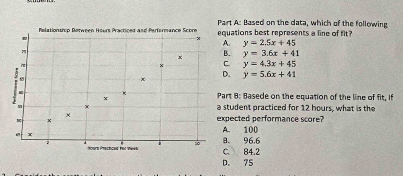 rt A: Based on the data, which of the following
uations best represents a line of fit?. y=2.5x+45 . y=3.6x+41
C. y=4.3x+45 . y=5.6x+41
rt B: Basede on the equation of the line of fit, if
tudent practiced for 12 hours, what is the
pected performance score?. 100 . 96.6 . 84.2
D. 75