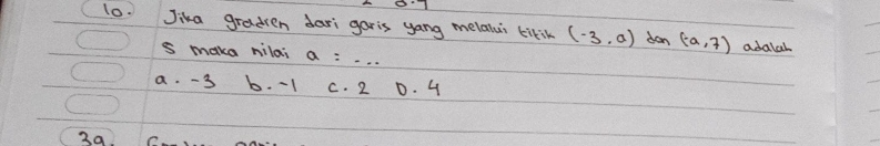 Jika gradren dari garis yang melalui tikin (-3,a) dan (-a,7) adalal
s make nilai a=·s
a. -3 b. -1 C. 2 D. 4
39