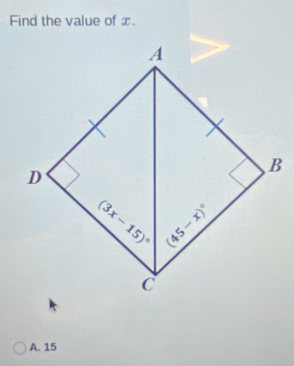 Find the value of x.
A. 15