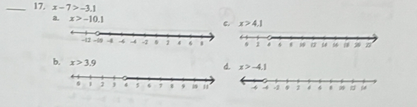 x-7>-3.1
a. x>-10.1 C. x>4,1
b. x>3.9
d. x>-4.1