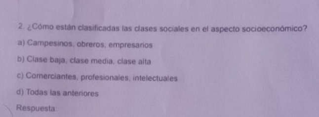 ¿Cómo están clasificadas las clases sociales en el aspecto socioeconómico?
a) Campesinos, obreros, empresarios
b) Clase baja, clase media, clase alta
c) Comerciantes, profesionales, intelectuales
d) Todas las anteriores
Respuesta: