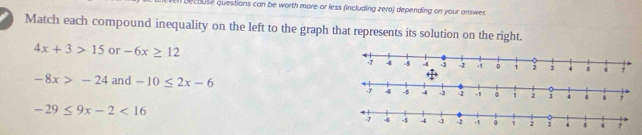 Decouse questions can be worth more or less (including zero) depending on your answer 
Match each compound inequality on the left to the graph that represents its solution on the right.
4x+3>15 or -6x≥ 12
-8x>-24 and -10≤ 2x-6
-29≤ 9x-2<16</tex>