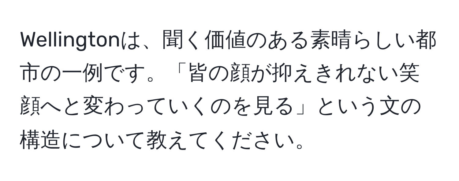 Wellingtonは、聞く価値のある素晴らしい都市の一例です。「皆の顔が抑えきれない笑顔へと変わっていくのを見る」という文の構造について教えてください。