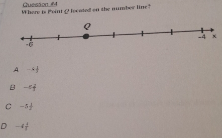 Where is Point Q located on the number line?
A -8 1/2 
B -6 2/3 
C -5 1/3 
D -4 4/5 