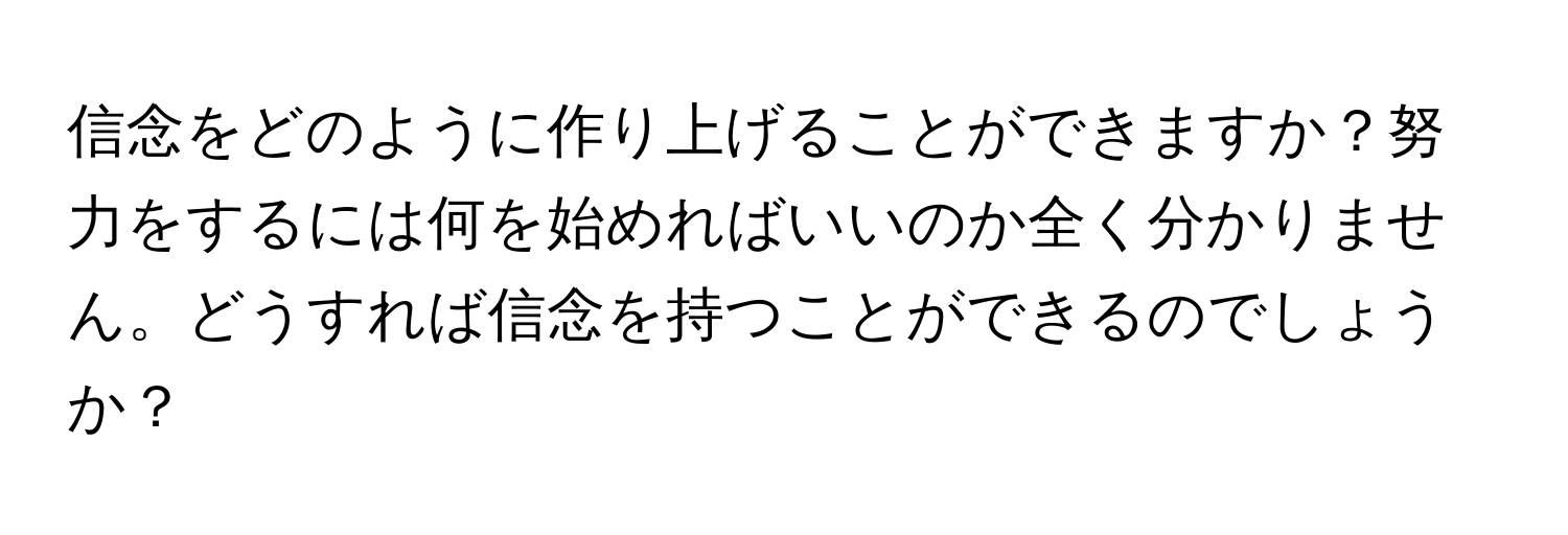 信念をどのように作り上げることができますか？努力をするには何を始めればいいのか全く分かりません。どうすれば信念を持つことができるのでしょうか？