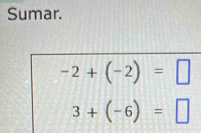 Sumar.
-2+(-2)=□
3+(-6)=□