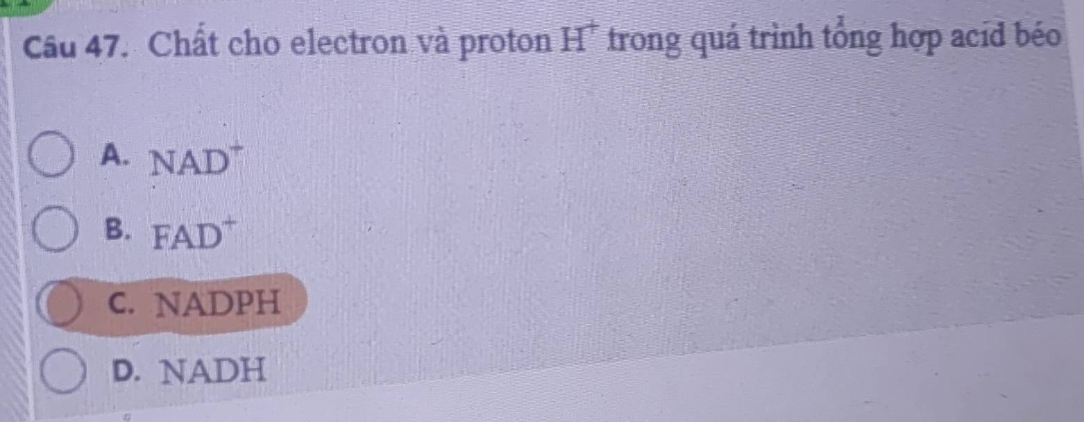 Chất cho electron và proton H" trong quá trình tổng hợp acíd béo
A. NAD^+
B. FAD^+
C. NADPH
D. NADH