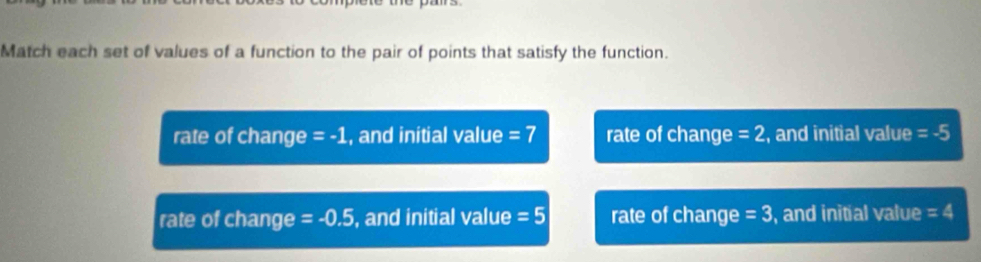 Match each set of values of a function to the pair of points that satisfy the function.
rate of change =-1 , and initial value =7 rate of change =2 , and initial value =-5
rate of change =-0.5 , and initial value =5 rate of change =3 , and initial value =4