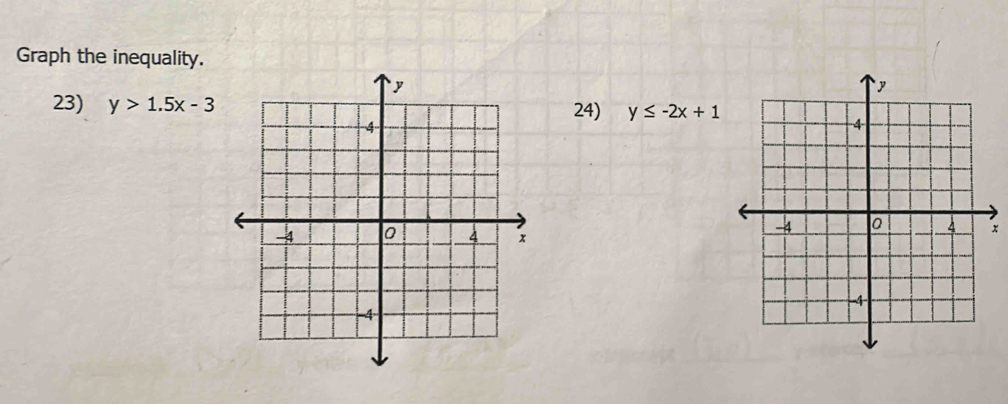 Graph the inequality.
23) y>1.5x-3 24) y≤ -2x+1
x