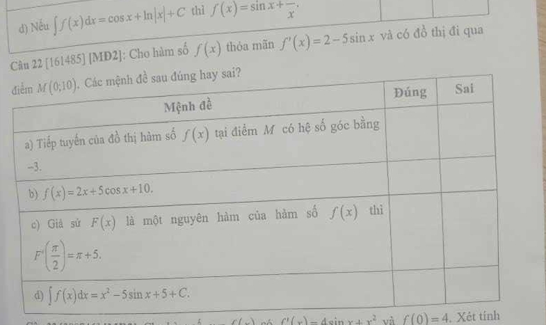 Nếu ∈t f(x)dx=cos x+ln |x|+C thì f(x)=sin x+frac x.
Câu 22 [16 485][MD2] : Cho hàm số f(x) thỏa mãn f'(x)=2-5sin x và có đồ thị đi qua
đ
(_ ) f'(x)=4sin x+x^2 và f(0)=4. Xét tính