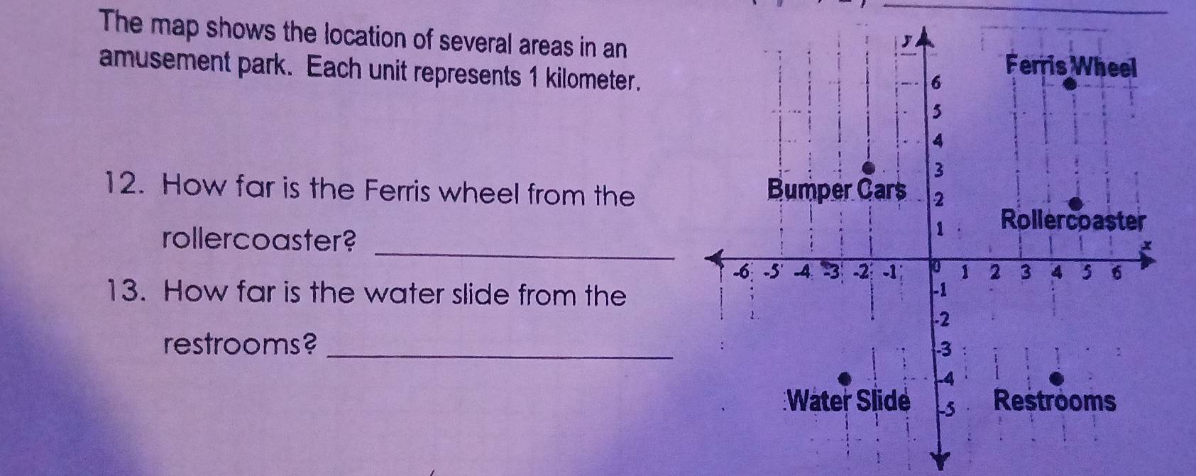 The map shows the location of several areas in an 
amusement park. Each unit represents 1 kilometer. 
12. How far is the Ferris wheel from the 
_ 
rollercoaster? 
13. How far is the water slide from the 
restrooms? _