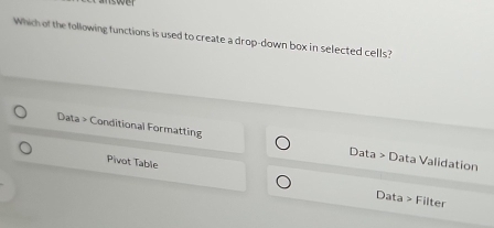 Which of the following functions is used to create a drop-down box in selected cells?
Data > Conditional Formatting Data > Data Validation
Pivot Table Data > Filter