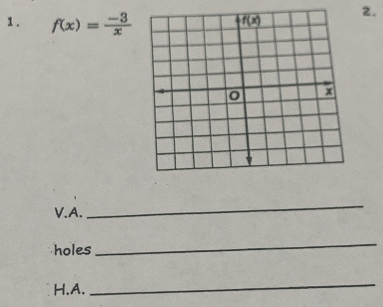 f(x)= (-3)/x 
2.
V.A.
_
holes
_
H.A.
_