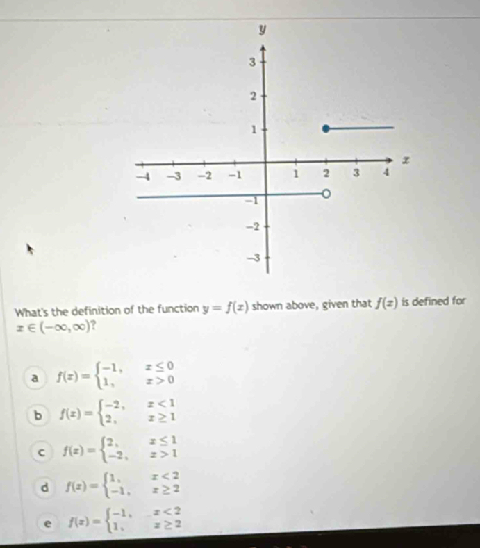 What's the definition of the function y=f(x) shown above, given that f(x) is defined for
x∈ (-∈fty ,∈fty ) ?
a f(x)=beginarrayl -1,x≤ 0 1,x>0endarray.
b f(x)=beginarrayl -2,x<1 2,x≥ 1endarray.
C f(x)=beginarrayl 2,x≤ 1 -2,x>1endarray.
d f(x)=beginarrayl 1,x<2 -1,x≥ 2endarray.
e f(x)=beginarrayl -1,x<2 1,x≥ 2endarray.