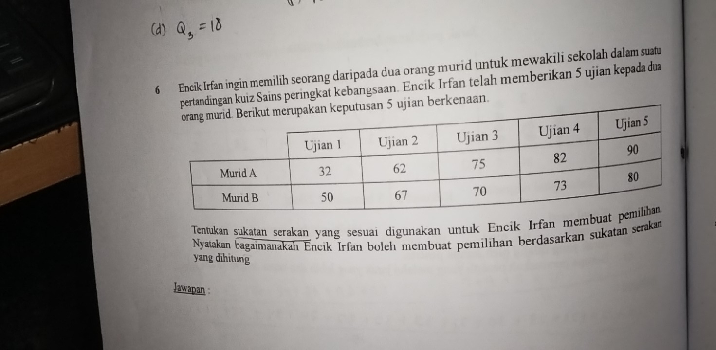 = 
6 Encik Irfan ingin memilih seorang daripada dua orang murid untuk mewakili sekolah dalam suatu 
ingan kuiz Sains peringkat kebangsaan. Encik Irfan telah memberikan 5 ujian kepada dua 
kenaan. 
Tentukan sukatan serakan yang sesuai digunakan untuk Encik Irfan memb 
Nyatakan bagaimanakah Encik Irfan boleh membuat pemilihan berdasarkan sukatan serakan 
yang dihitung 
Jawapan