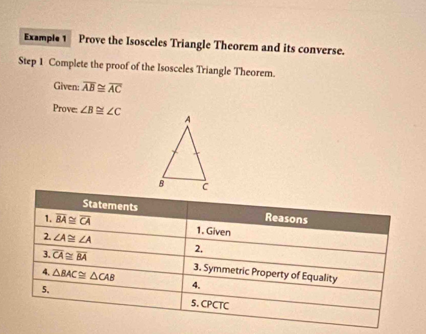 Example 1 Prove the Isosceles Triangle Theorem and its converse.
Step 1 Complete the proof of the Isosceles Triangle Theorem.
Given: overline AB≌ overline AC
Prove: ∠ B≌ ∠ C