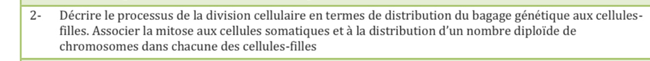 2- Décrire le processus de la division cellulaire en termes de distribution du bagage génétique aux cellules- 
filles. Associer la mitose aux cellules somatiques et à la distribution d’un nombre diploïde de 
chromosomes dans chacune des cellules-filles