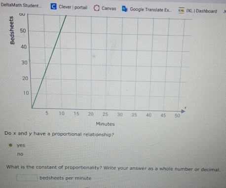 DeltaMath Student... Clever | portail Canvas Google Translate Ex.. oard 
Do x and y have a proportional relationship?
yes
no
What is the constant of proportionality? Write your answer as a whole number or decimal,
bedsheets per minute