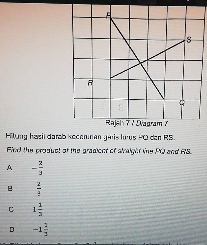 Hitung hasil darab kecerunan garis lurus PQ dan RS.
Find the product of the gradient of straight line PQ and RS.
A - 2/3 
B  2/3 
C 1 1/3 
D -1 1/3 