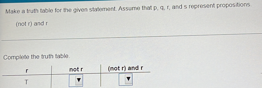 Make a truth table for the given statement. Assume that p, q, r, and s represent propositions.
(not r) and r
Complete the truth table.
r not r (not r) and r
T