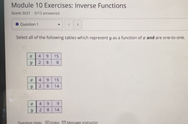 Module 10 Exercises: Inverse Functions 
Score: 0V21 0/13 answered 
Question 1 y as a function of æ and are one-to-one. 
Question Heln: E Viden E Messaee instructor