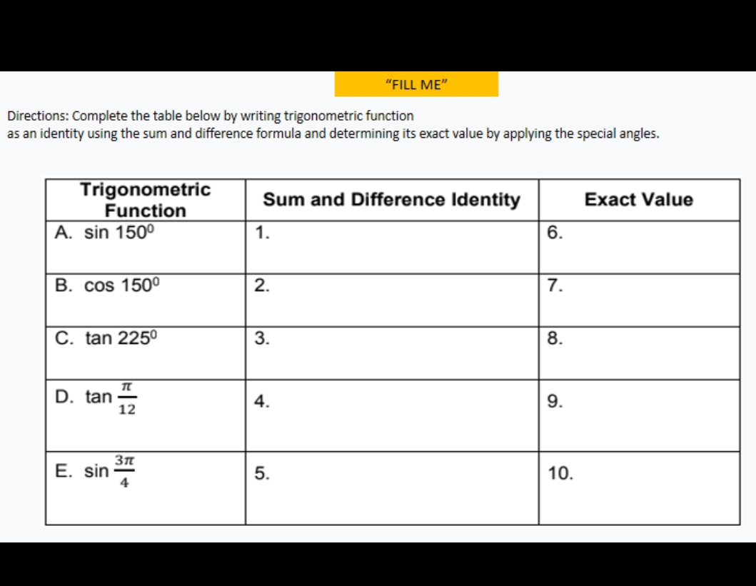 “FILL ME”
Directions: Complete the table below by writing trigonometric function
as an identity using the sum and difference formula and determining its exact value by applying the special angles.