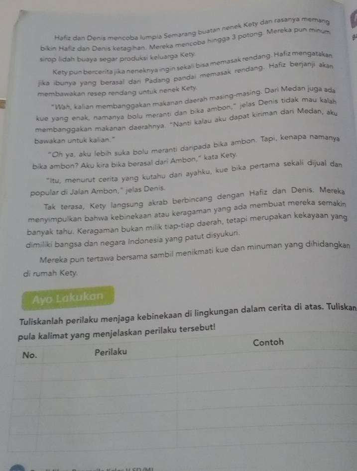 Hafiz dan Denis mencoba lumpia Semarang buatan nenek Kety dan rasanya memang
bikin Hafiz dan Denis ketagihan. Mereka mencoba hingga 3 potong. Mereka pun minum
sirop lidah buaya segar produksi keluarga Kety.
Kety pun bercerita jika neneknya ingin sekali bisa memasak rendang. Hafiz mengatakan
jika ibunya yang berasal dari Padang pandai memasak rendang. Hafiz berjanji aka
membawakan resep rendang untuk nenek Kety.
*Wah, kalian membanggakan makanan daerah masing-masing. Dari Medan juga ada
kue yang enak, namanya bolu meranti dan bika ambon," jelas Denis tidak mau kalah
membanggakan makanan daerahnya. "Nanti kalau aku dapat kiriman dari Medan, aku
bawakan untuk kalian."
"Oh ya, aku lebih suka bolu meranti daripada bika ambon. Tapi, kenapa namanya
bika ambon? Aku kira bika berasal dari Ambon," kata Kety.
"Itu, menurut cerita yang kutahu dari ayahku, kue bika pertama sekali dijual dan
popular di Jalan Ambon," jelas Denis.
Tak terasa, Kety langsung akrab berbincang dengan Hafiz dan Denis. Mereka
menyimpulkan bahwa kebinekaan atau keragaman yang ada membuat mereka semakin
banyak tahu. Keragaman bukan milik tiap-tiap daerah, tetapi merupakan kekayaan yang
dimiliki bangsa dan negara Indonesia yang patut disyukuri.
Mereka pun tertawa bersama sambil menikmati kue dan minuman yang dihidangkan
di rumah Kety.
Ayo Lakukan
Tuliskanlah perilaku menjaga kebinekaan di lingkungan dalam cerita di atas. Tuliskan
ut!