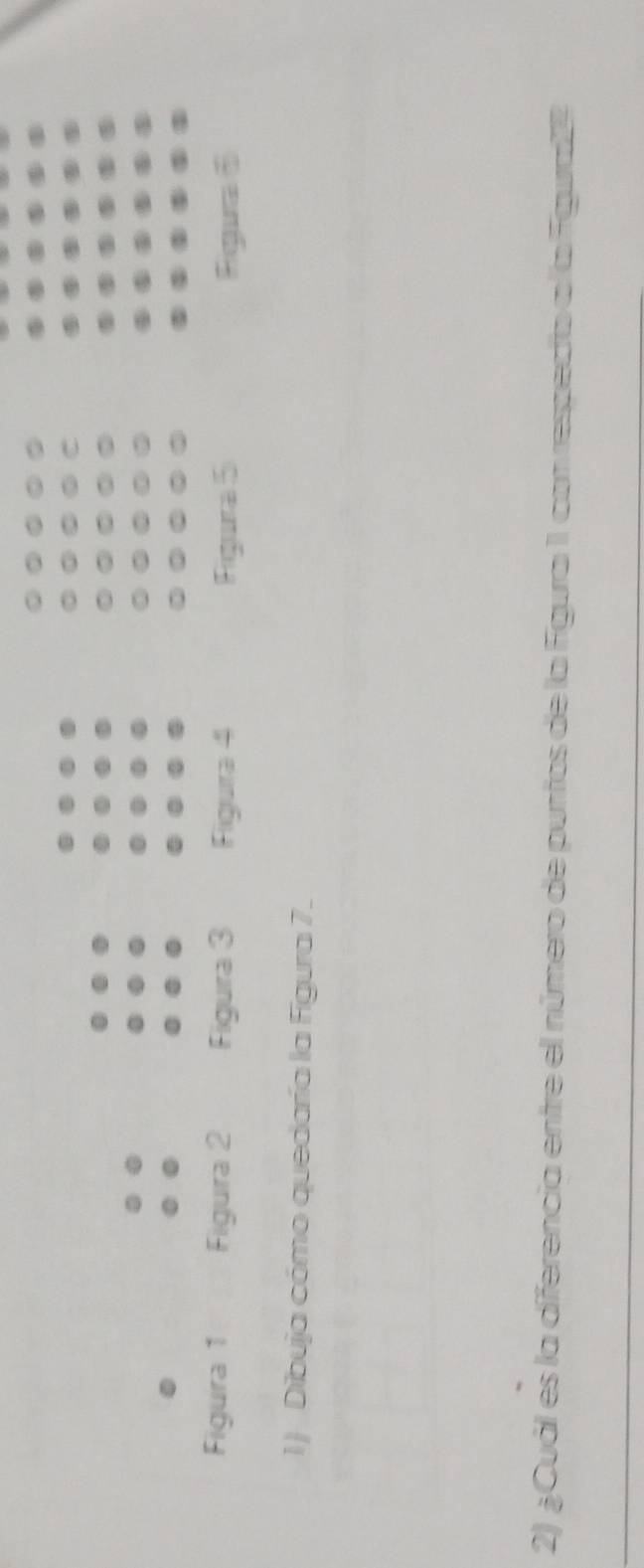 Figura 1 Figura 2 Figura 3 Figura 4 Figura 5 Rgua6 
1) Dibuja cómo quedaría la Figura 7. 
2) ¿Cuál es la diferencia entre el número de puntos de la Figura 1 con respecto a la Fgura