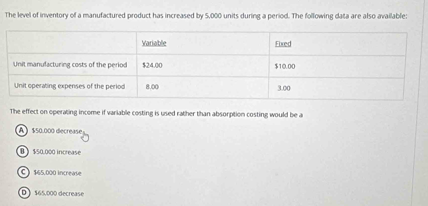 The level of inventory of a manufactured product has increased by 5,000 units during a period. The following data are also available:
The effect on operating income if variable costing is used rather than absorption costing would be a
A $50,000 decrease
B  $50,000 increase
C  $65,000 increase
D $65,000 decrease